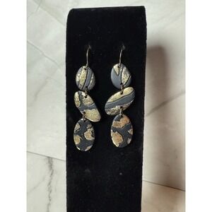 black and gold clay earrings dangle 2 inch oval shapes